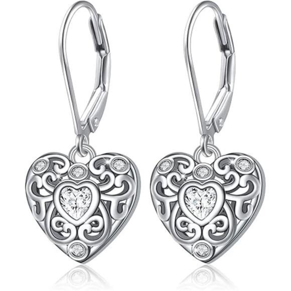 S925 Sterling Silver Heart Dangle Drop Leverback Clasp Lever back Earring - Picture 8 of 16